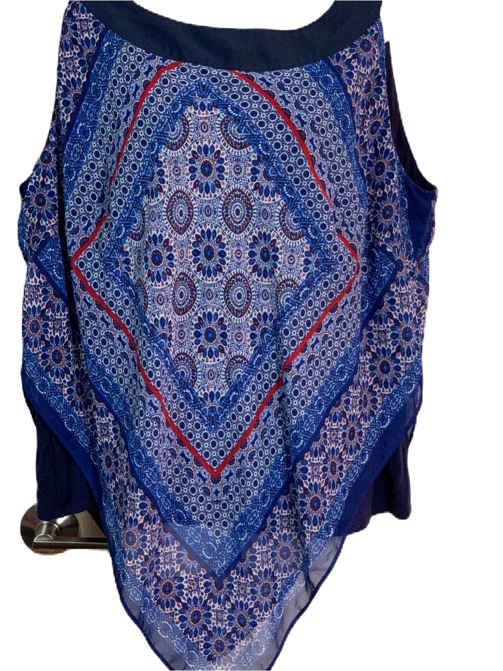 Alyx Blue Patterned Handkerchief-Hem Camisole with Red Accents. SX 3X